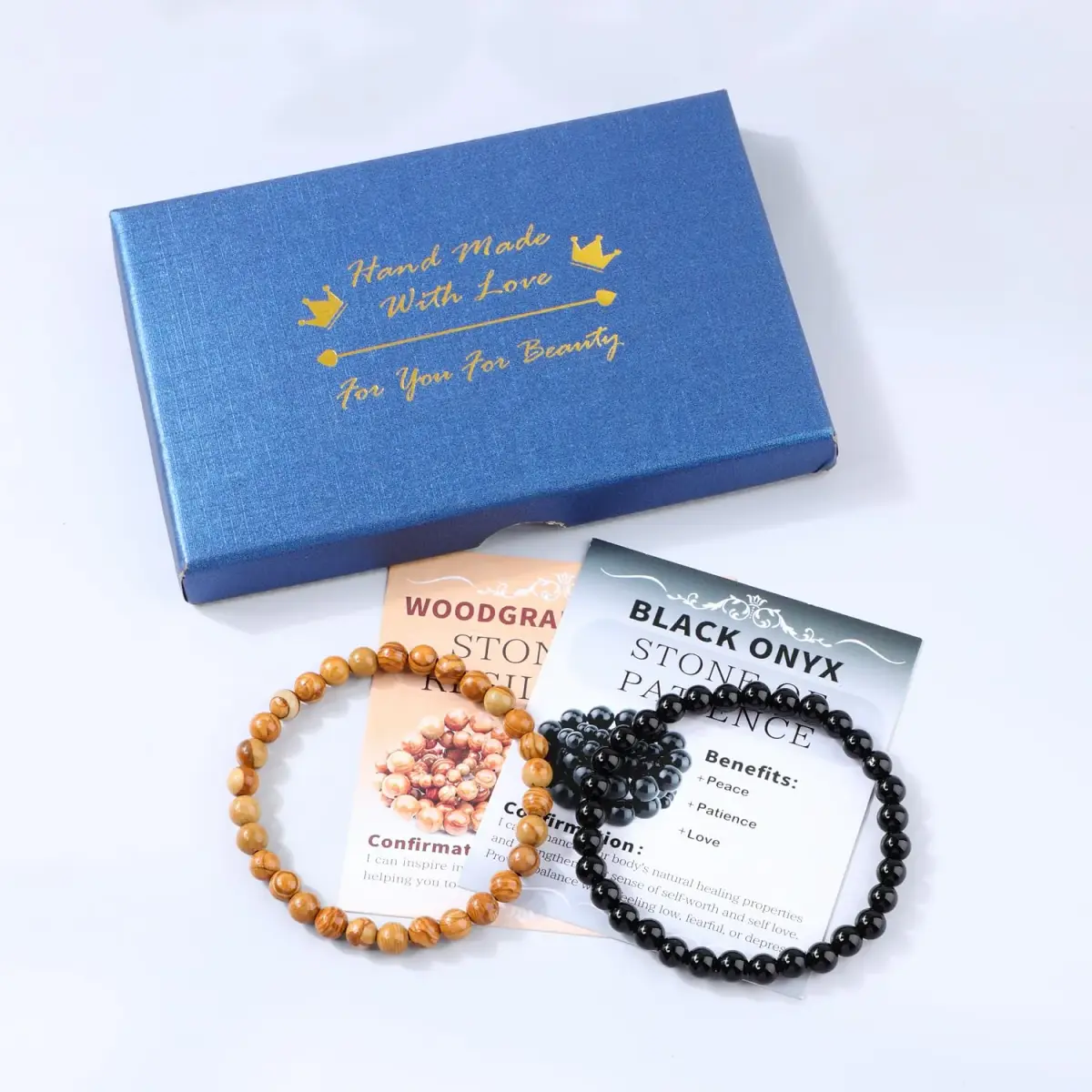 NCB Natural Bracelet c75213 Black Onyx Woodgrain Jasper Stretch Bracelets, 6mm Beads | Stone of Resilience - view 3