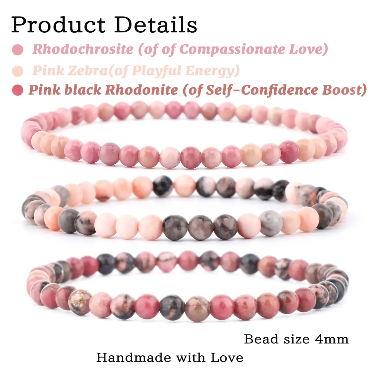 NCB 3-Piece 4mm Natural Crystal Gemstone Stretch Bracelets | Reiki Energy Healing Jewelry - view 2