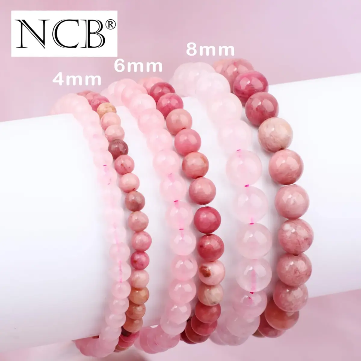 NCB Natural Crystal Gemstone Stretch Bracelets (6mm Pink Quartz, Rhodochrosite) | Handmade Reiki Healing Jewelry for Meditation, Yoga - view 5