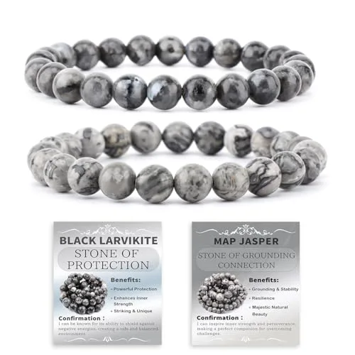 NCB Natural Crystal Gemstone Stretch Bracelets - Black Larvikite & Map Jasper (8mm Beads, 2-Pack) | Handmade Reiki Healing Jewelry - main product image