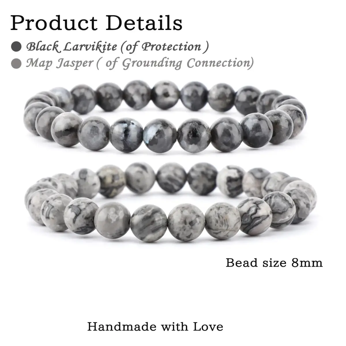 NCB Natural Crystal Gemstone Stretch Bracelets - Black Larvikite & Map Jasper (8mm Beads, 2-Pack) | Handmade Reiki Healing Jewelry - view 2