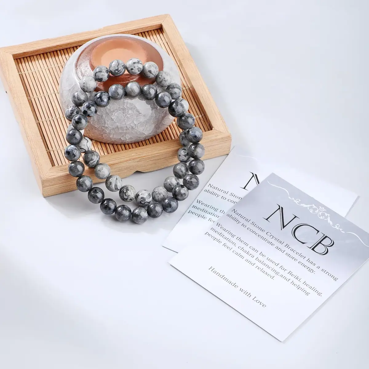 NCB Natural Crystal Gemstone Stretch Bracelets - Black Larvikite & Map Jasper (8mm Beads, 2-Pack) | Handmade Reiki Healing Jewelry - view 3