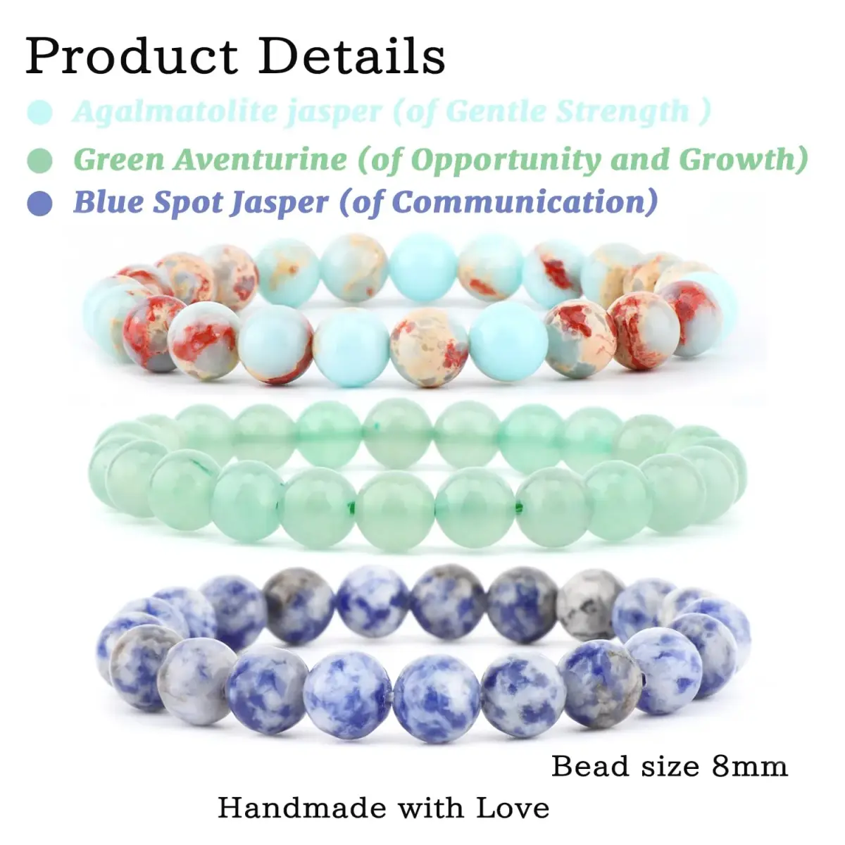 NCB Natural Crystal Gemstone Stretch Bracelets - Agalmatolite Jasper, Blue Spot, Green Aventurine (8mm, 3-Piece Set) | Reiki Energy Healing Jewelry - main product image