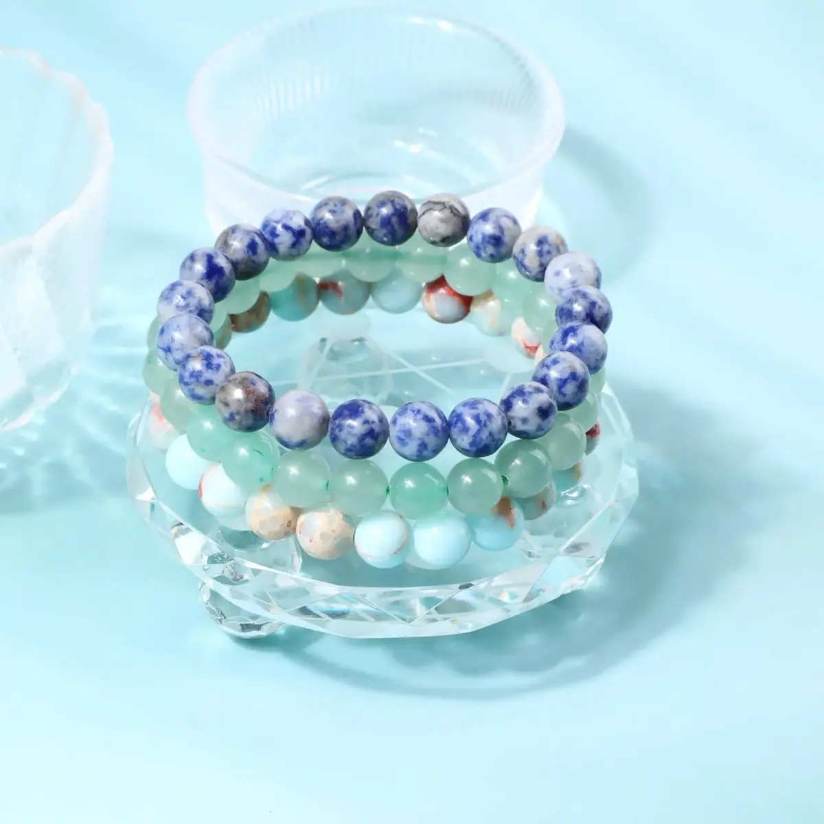 NCB Natural Crystal Gemstone Stretch Bracelets - Agalmatolite Jasper, Blue Spot, Green Aventurine (8mm, 3-Piece Set) | Reiki Energy Healing Jewelry - view 2