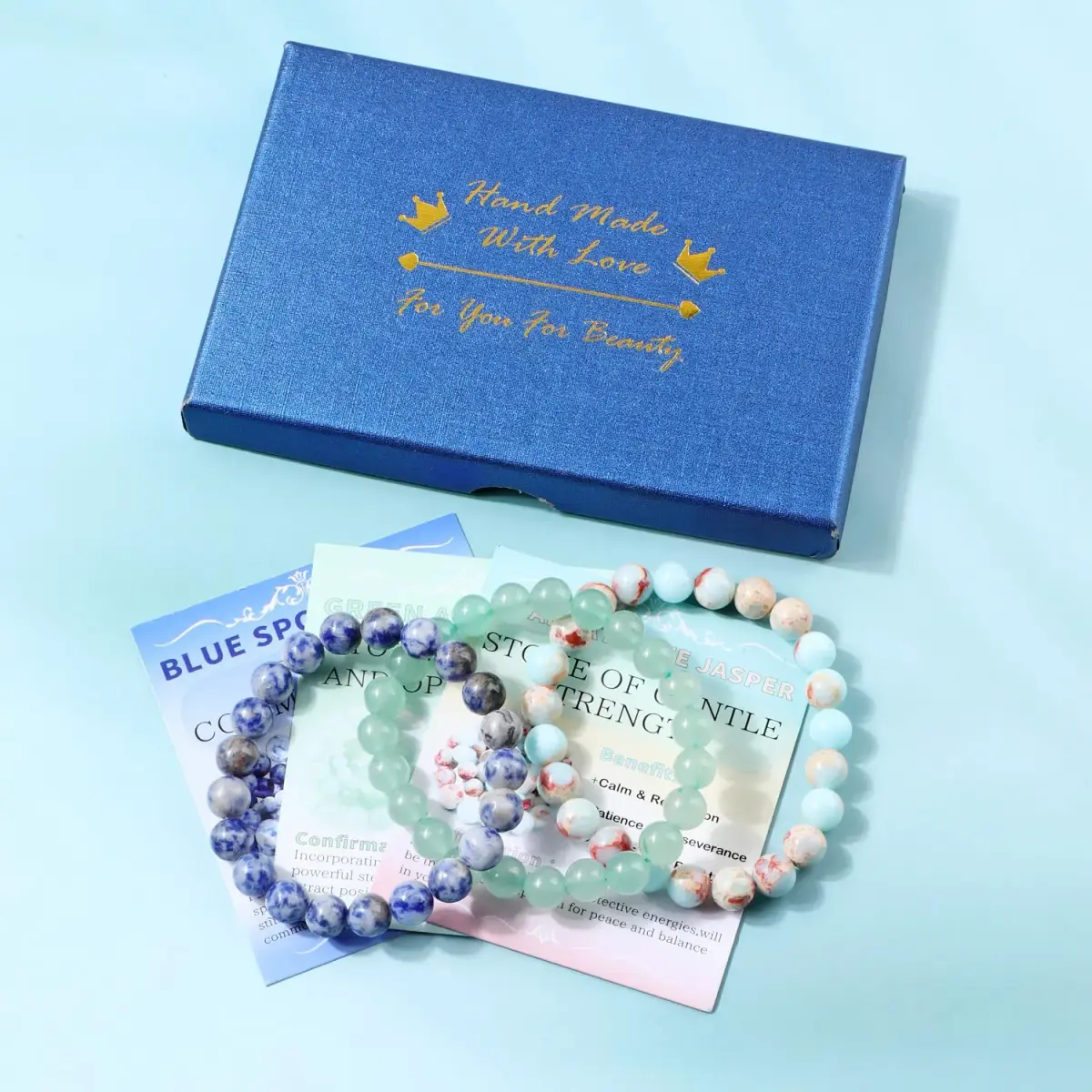 NCB Natural Crystal Gemstone Stretch Bracelets - Agalmatolite Jasper, Blue Spot, Green Aventurine (8mm, 3-Piece Set) | Reiki Energy Healing Jewelry - view 3
