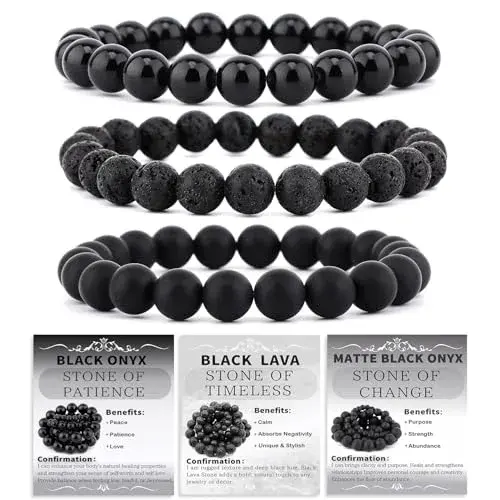 NCB 3-Piece Natural Crystal Gemstone Stretch Bracelets - Black Lava, Onyx, Agate 8mm Beads | Reiki Energy Healing Jewelry - main product image