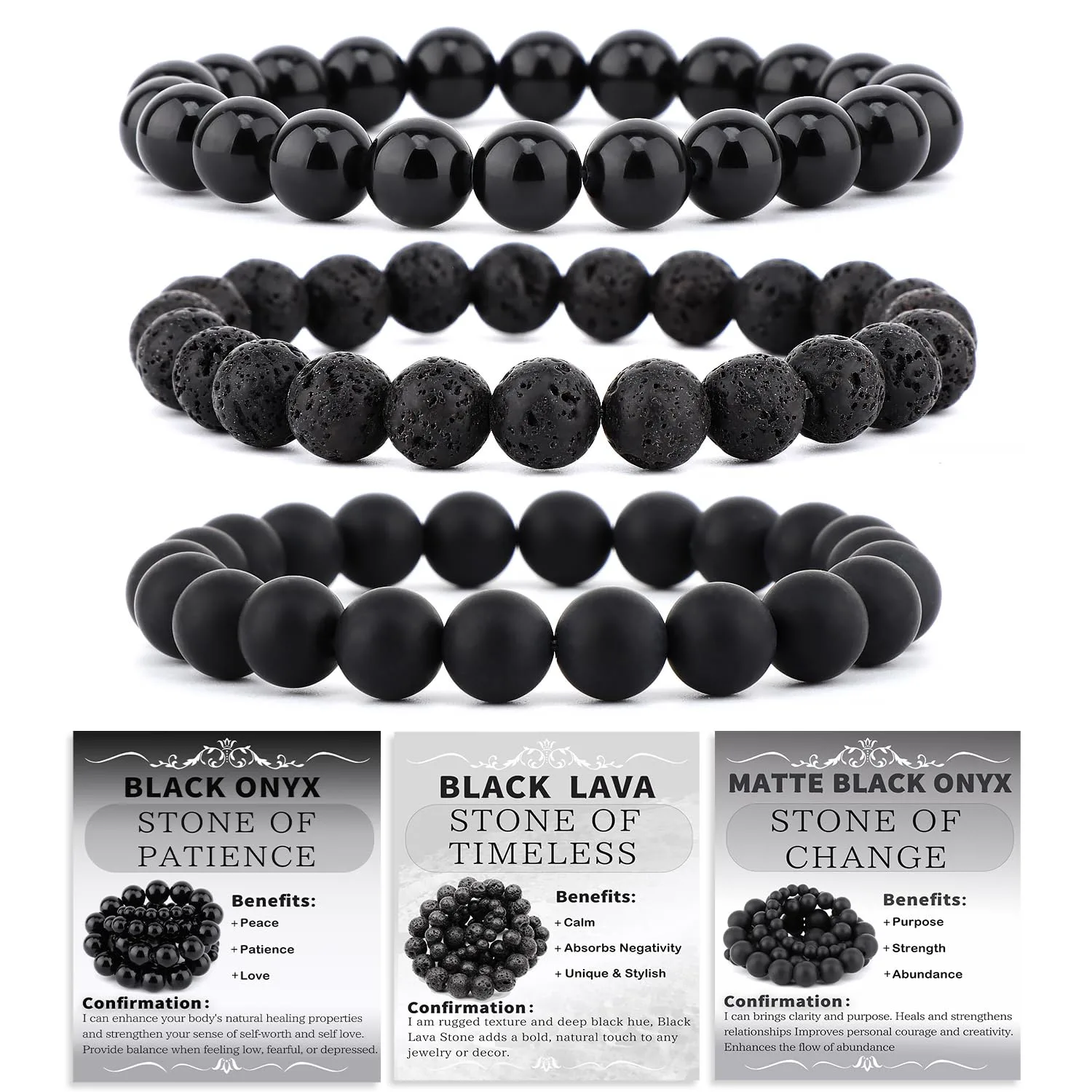NCB 3-Piece Natural Crystal Gemstone Stretch Bracelets - Black Lava, Onyx, Agate 8mm Beads | Reiki Energy Healing Jewelry - main product image