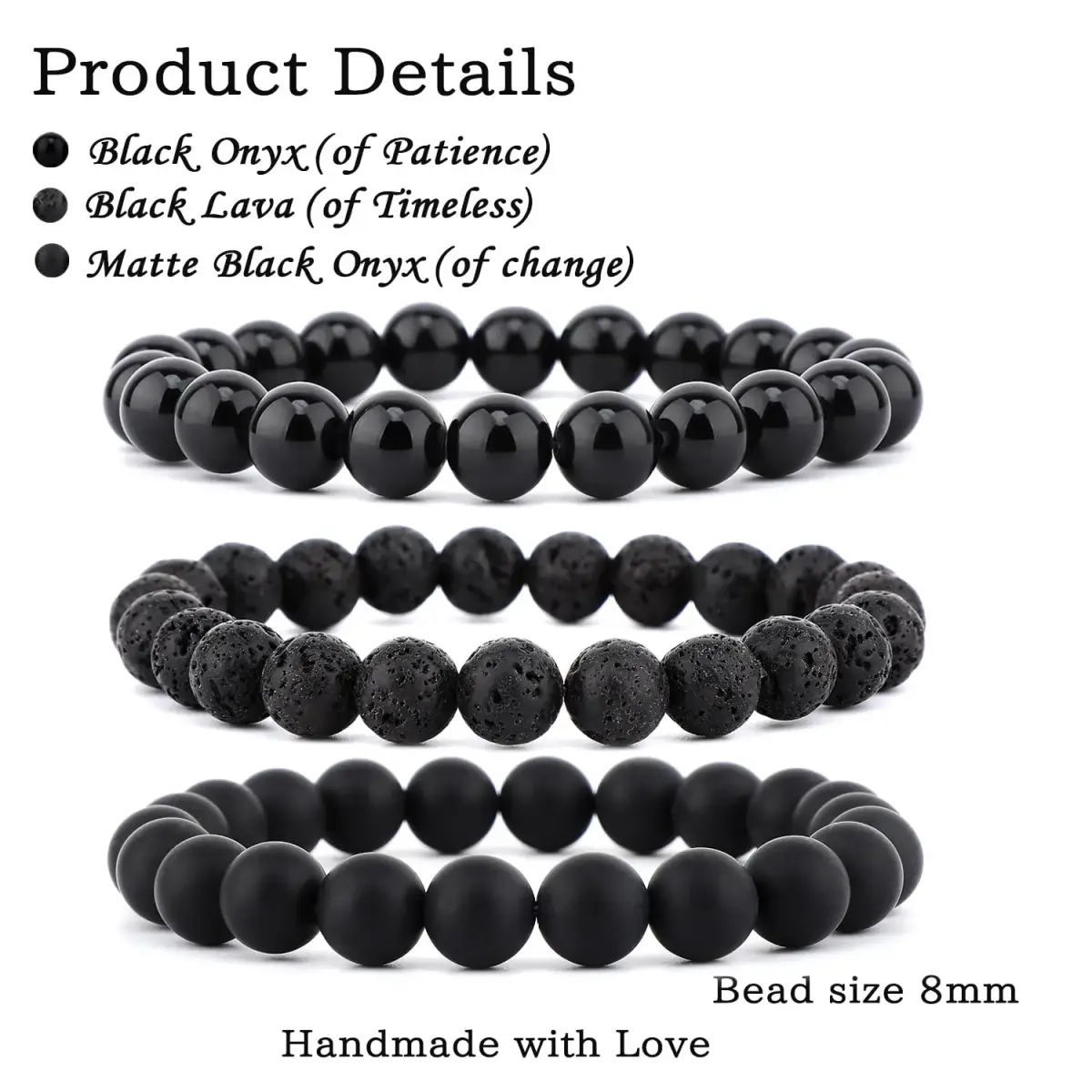 NCB 3-Piece Natural Crystal Gemstone Stretch Bracelets - Black Lava, Onyx, Agate 8mm Beads | Reiki Energy Healing Jewelry - view 2
