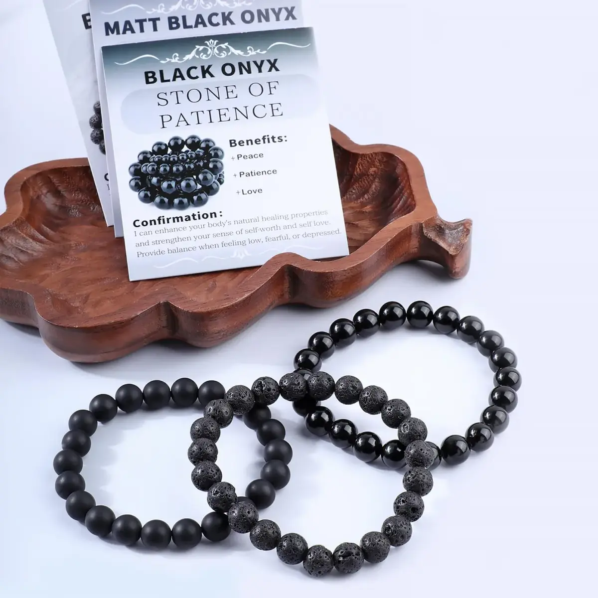 NCB 3-Piece Natural Crystal Gemstone Stretch Bracelets - Black Lava, Onyx, Agate 8mm Beads | Reiki Energy Healing Jewelry - view 3