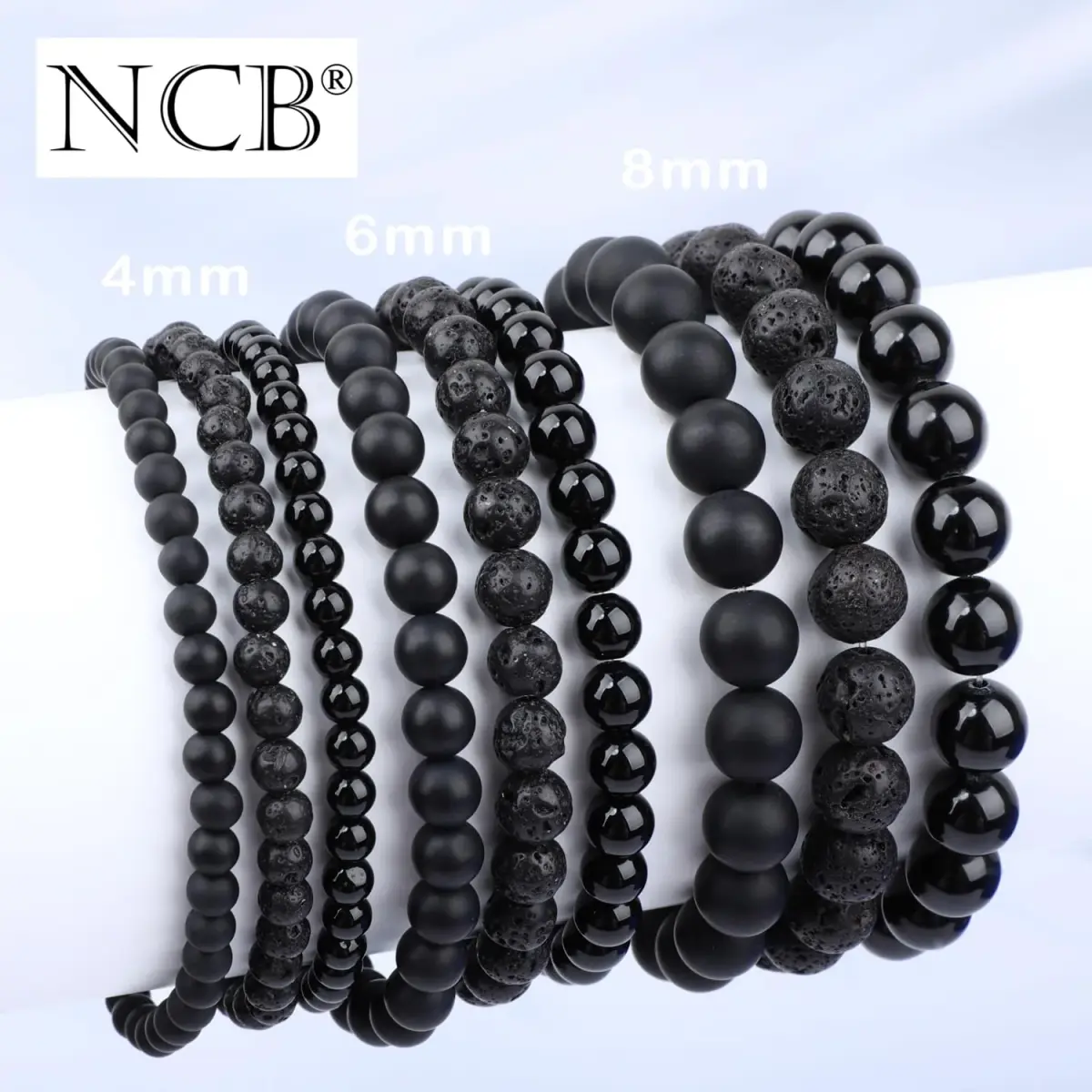NCB 3-Piece Natural Crystal Gemstone Stretch Bracelets - Black Lava, Onyx, Agate 8mm Beads | Reiki Energy Healing Jewelry - view 5