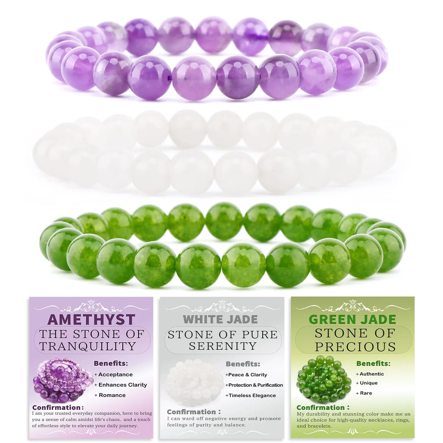 NCB 3-Piece 8mm Natural Crystal Gemstone Stretch Bracelets | Amethyst, Green Jade, White Jade Handmade Reiki Energy Healing Jewelry for Meditation, Yoga, Unisex - main product image