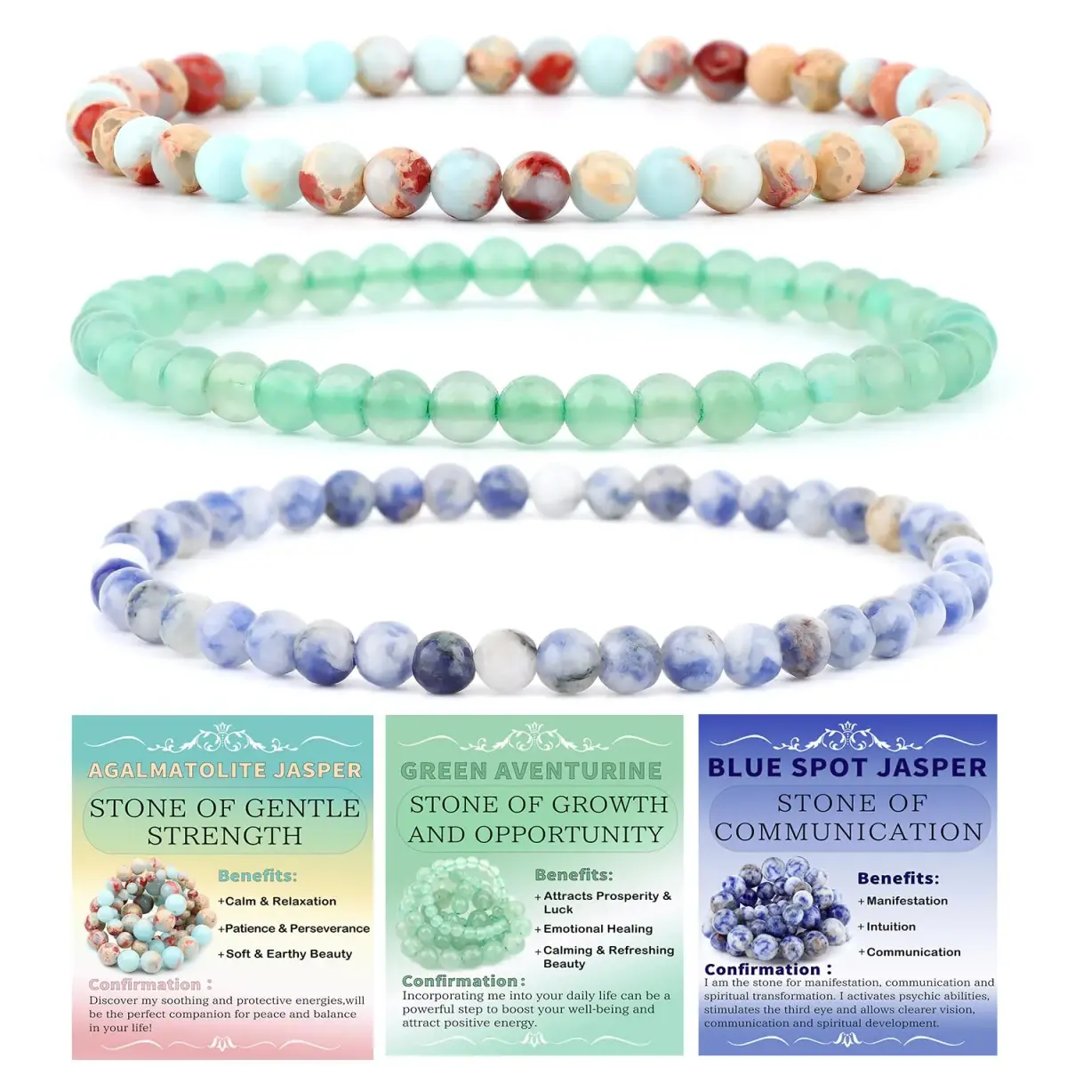 NCB 4mm Natural Crystal Gemstone Stretch Bracelets Set (3 Bracelets) | Handmade Reiki Energy Healing Jewelry - main product image