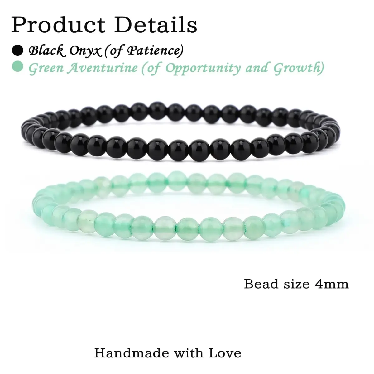 NCB Natural Crystal Gemstone Stretch Bracelets Black Onyx Green Aventurine 4mm Beads | Handmade Reiki Energy Healing Jewelry - main product image