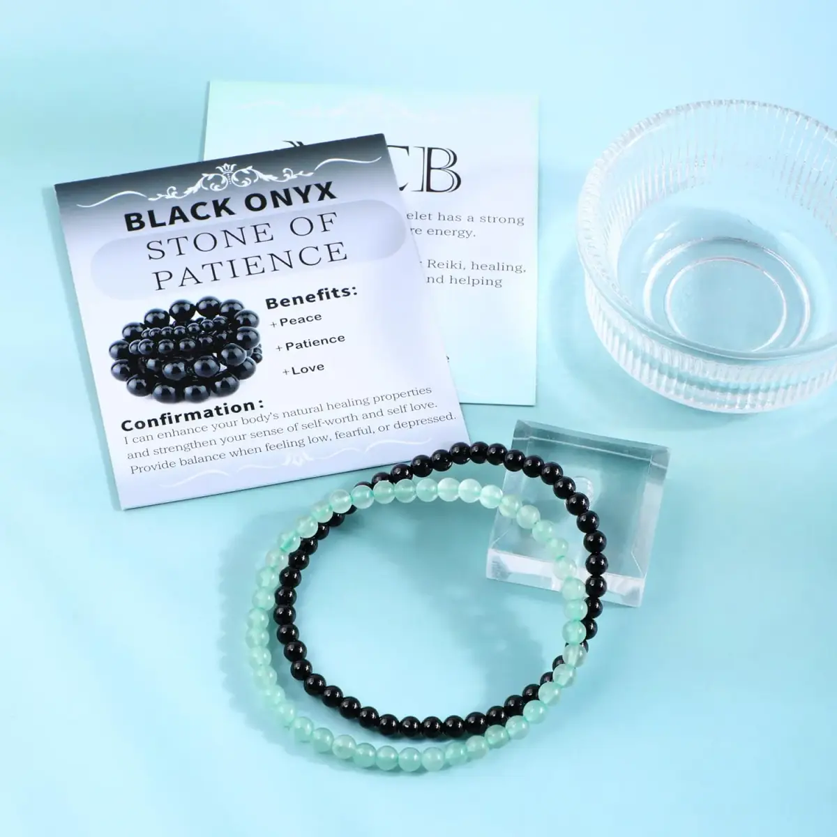 NCB Natural Crystal Gemstone Stretch Bracelets Black Onyx Green Aventurine 4mm Beads | Handmade Reiki Energy Healing Jewelry - view 2