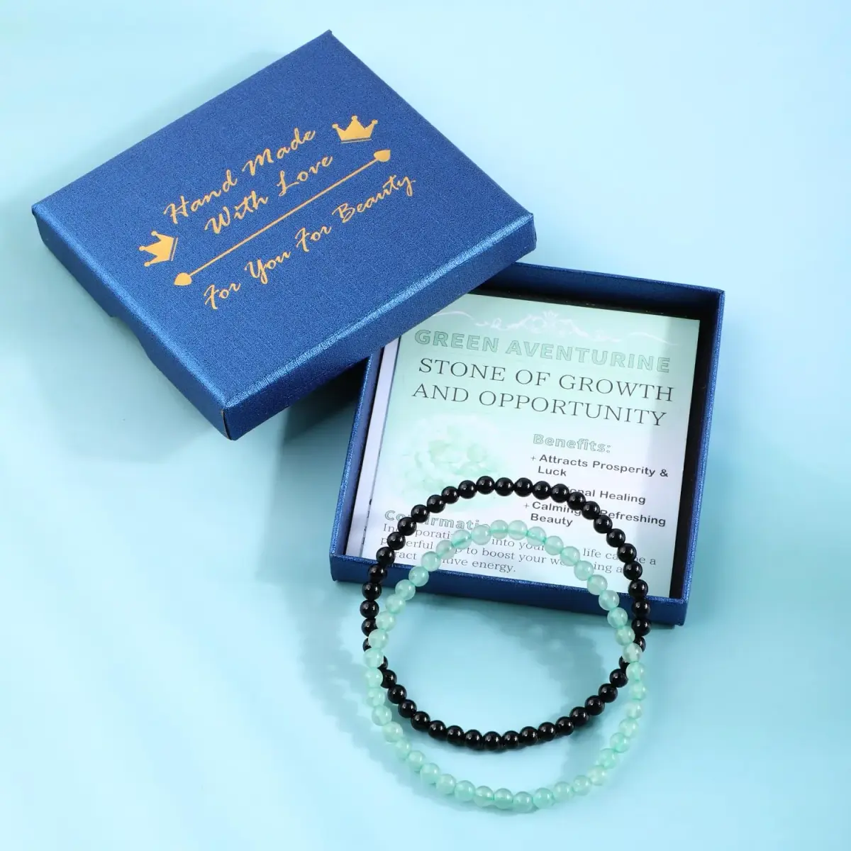 NCB Natural Crystal Gemstone Stretch Bracelets Black Onyx Green Aventurine 4mm Beads | Handmade Reiki Energy Healing Jewelry - view 3