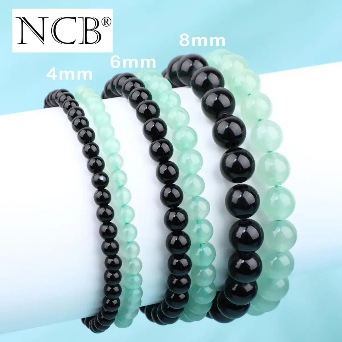 NCB Natural Crystal Gemstone Stretch Bracelets Black Onyx Green Aventurine 4mm Beads | Handmade Reiki Energy Healing Jewelry - view 4