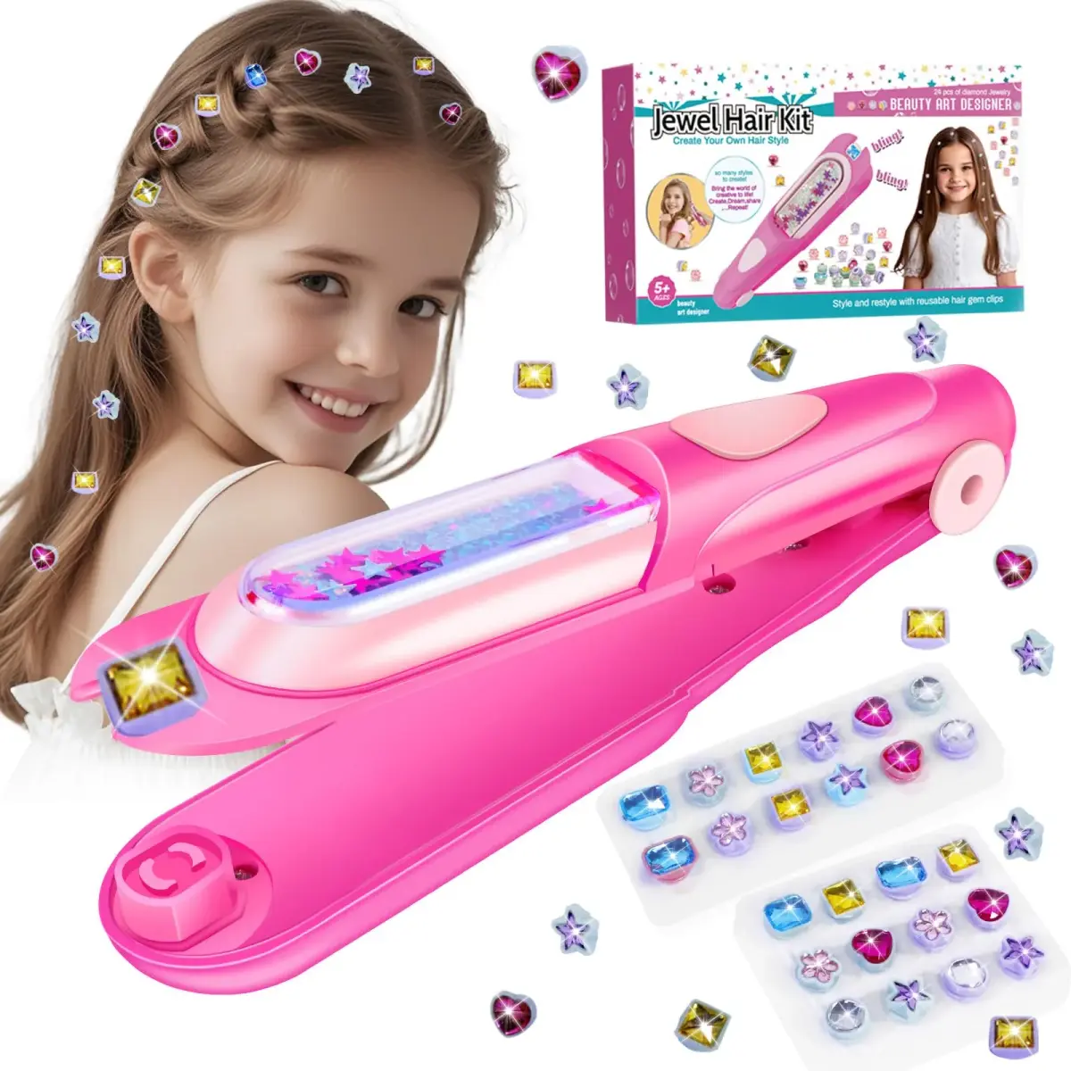 kidzkube Hair Gem Stamper Kit with Reusable Diamonds, Pink Toys for Girls Ages 3-12 - main product image