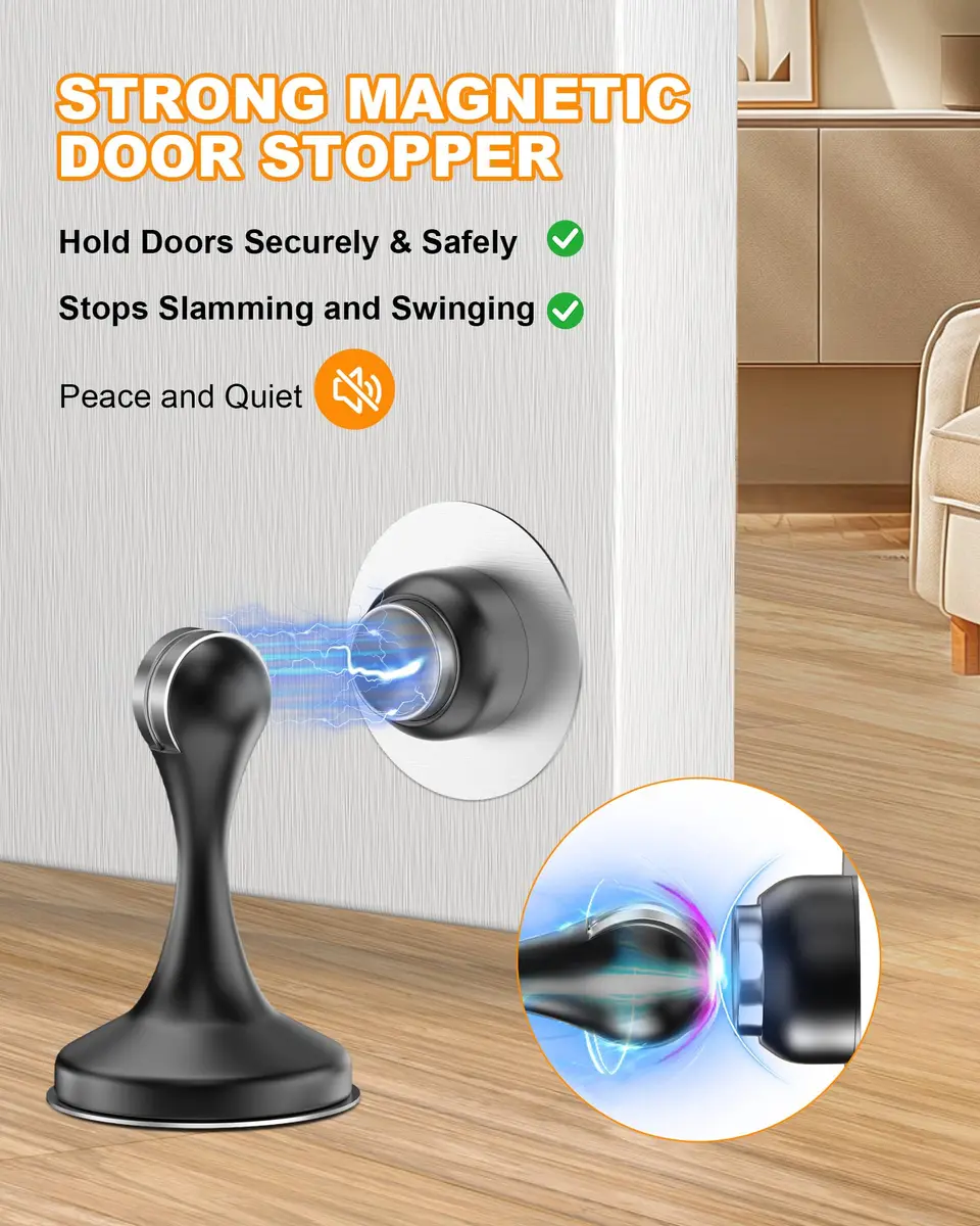 Crosize Magnetic Door Stoppers 8 Pack, Stainless Steel, Black | Strong Magnetism for Wall Protection - view 2