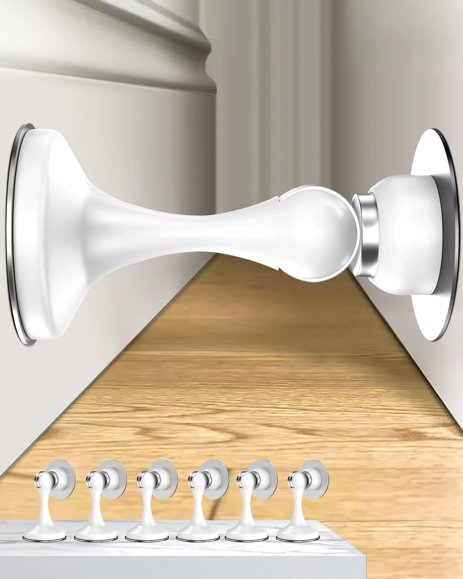 Crosize Magnetic Door Stoppers 6 Pack, Stainless Steel Door Stops for Wall and Floor Mounting, White | Furniture Anchors 6 Pack - main product image