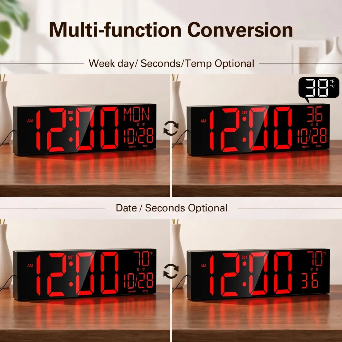JALL 30-Inch Black Digital Wall Clock with Red Font | Oversize Jumbo LED Display, Date, Day, Temperature - view 3