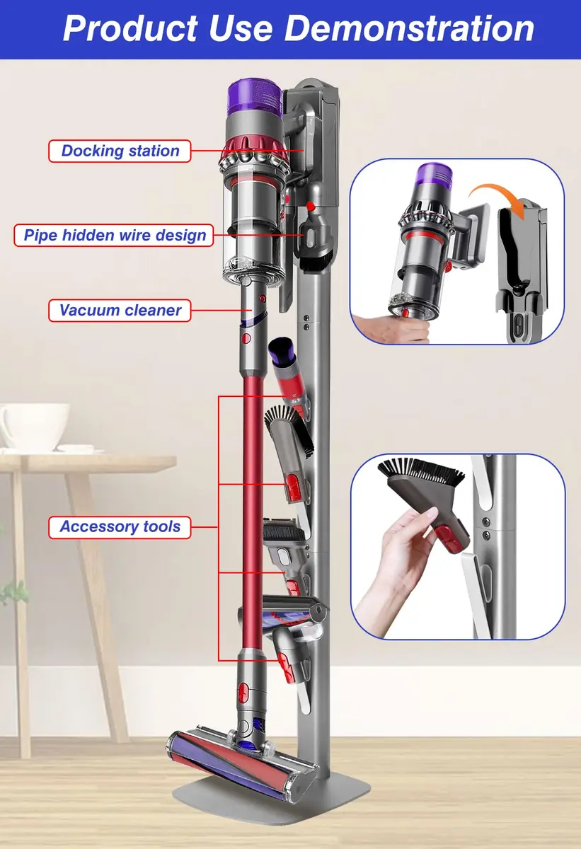 Haturi Metal Vacuum Stand for Dyson Cordless Vacuums | Heavy-Duty Organizer with 4 Hooks - view 3