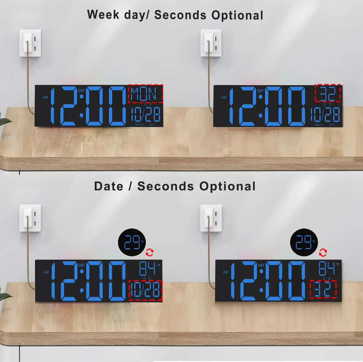 JALL 30-inch Extra Large Digital Wall Clock Blue | Jumbo LED Display with Remote Control & Auto Brightness - view 2