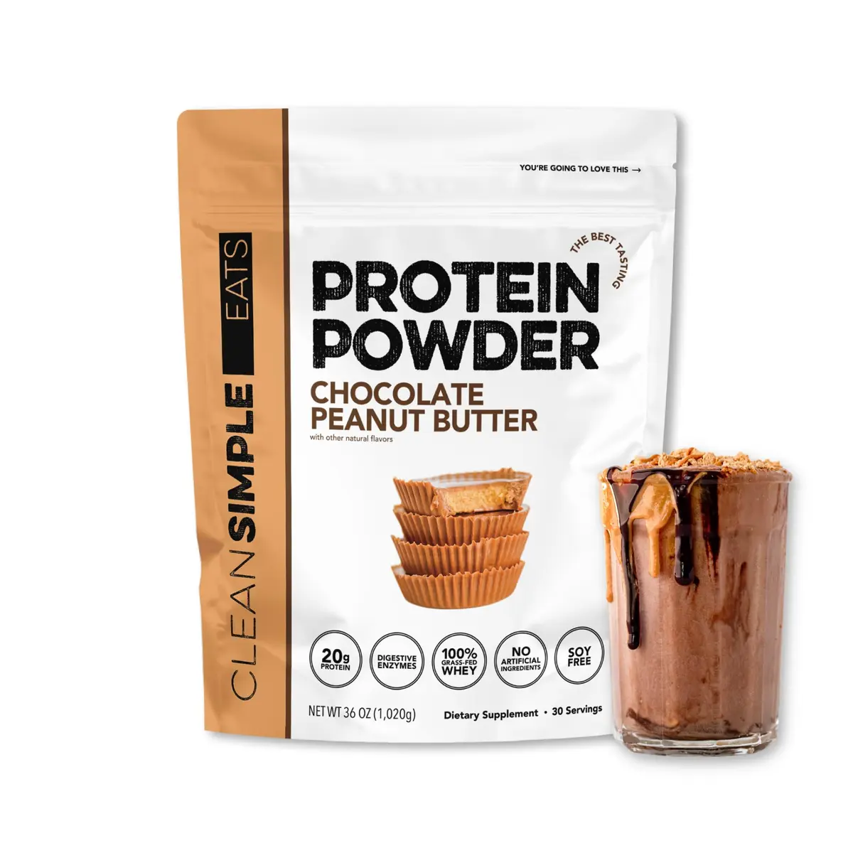 Clean Simple Eats Whey Protein Powder, Chocolate Peanut Butter | 30 Servings, 20g Protein, Gluten-Free - main product image