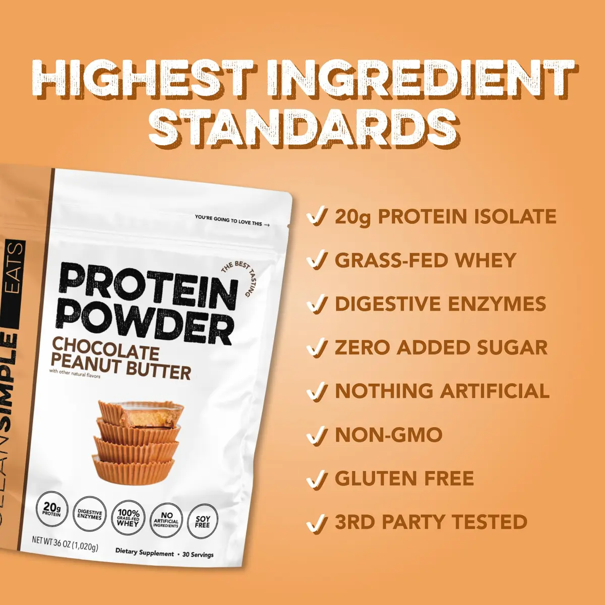 Clean Simple Eats Whey Protein Powder, Chocolate Peanut Butter | 30 Servings, 20g Protein, Gluten-Free - view 4