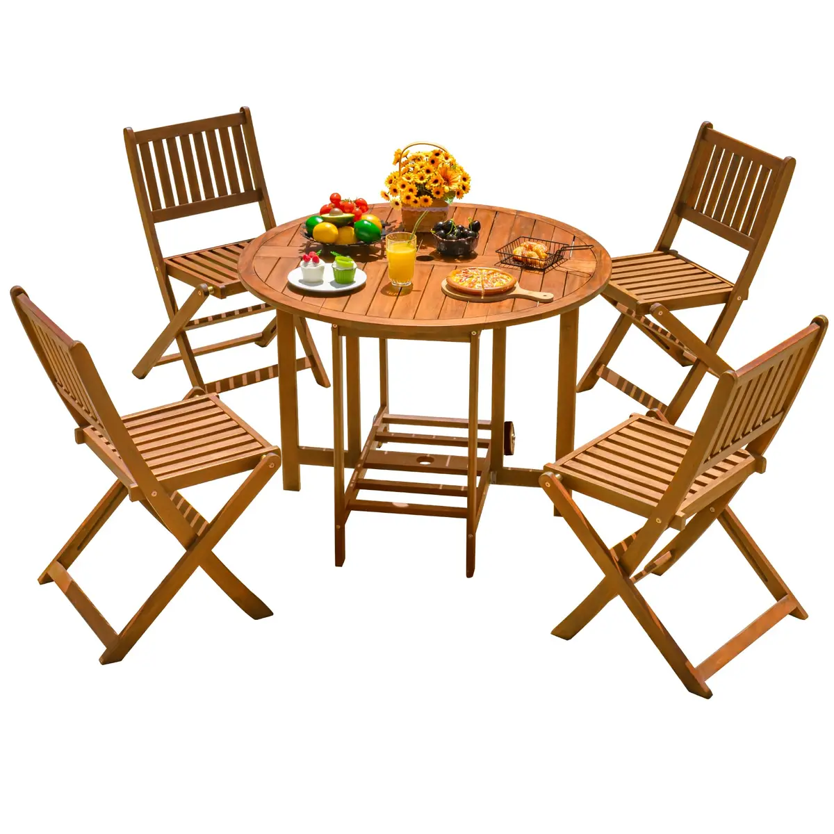 Devoko Acacia Wood Outdoor Patio Folding Table and Chairs Set for 4 | Classic Garden Dining - main product image
