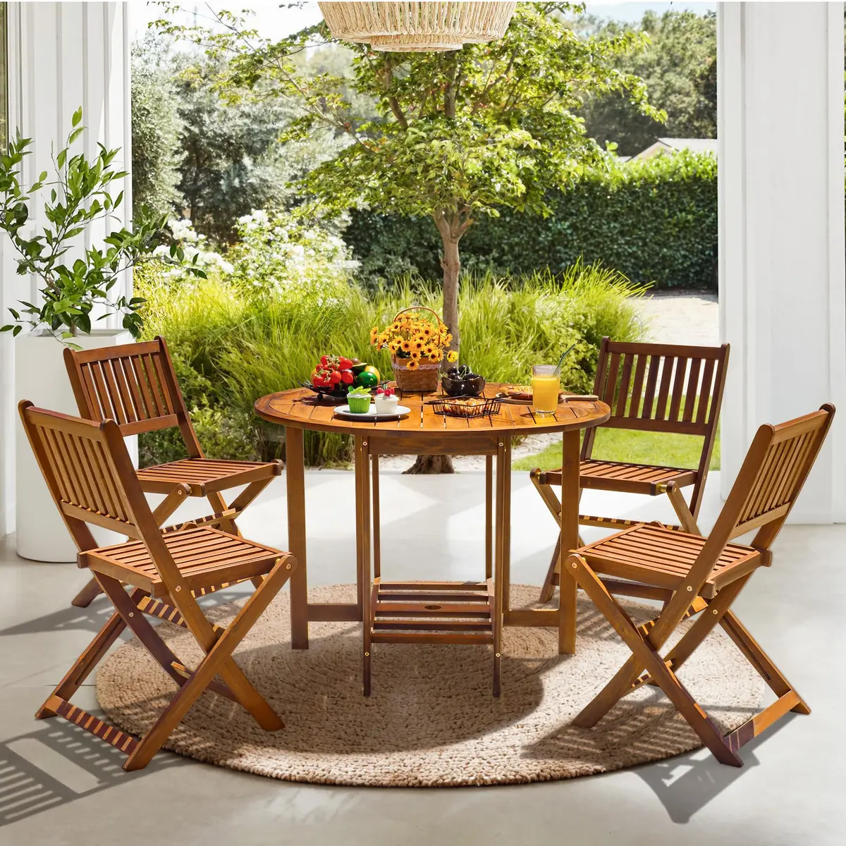 Devoko Acacia Wood Outdoor Patio Folding Table and Chairs Set for 4 | Classic Garden Dining - view 7