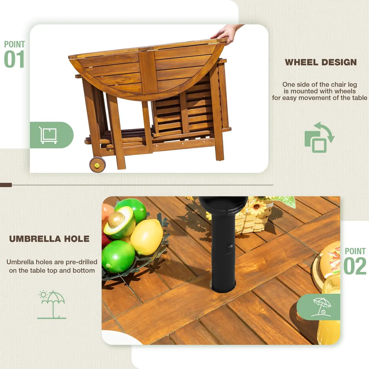 Devoko Acacia Wood Outdoor Patio Folding Table and Chairs Set for 4 | Classic Garden Dining - view 2