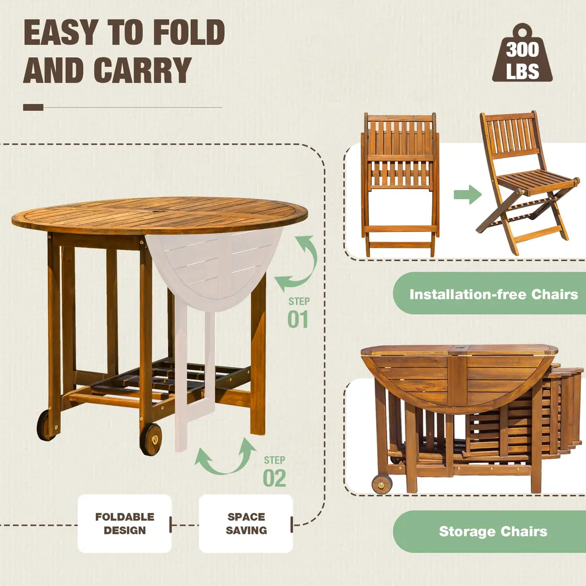 Devoko Acacia Wood Outdoor Patio Folding Table and Chairs Set for 4 | Classic Garden Dining - view 3
