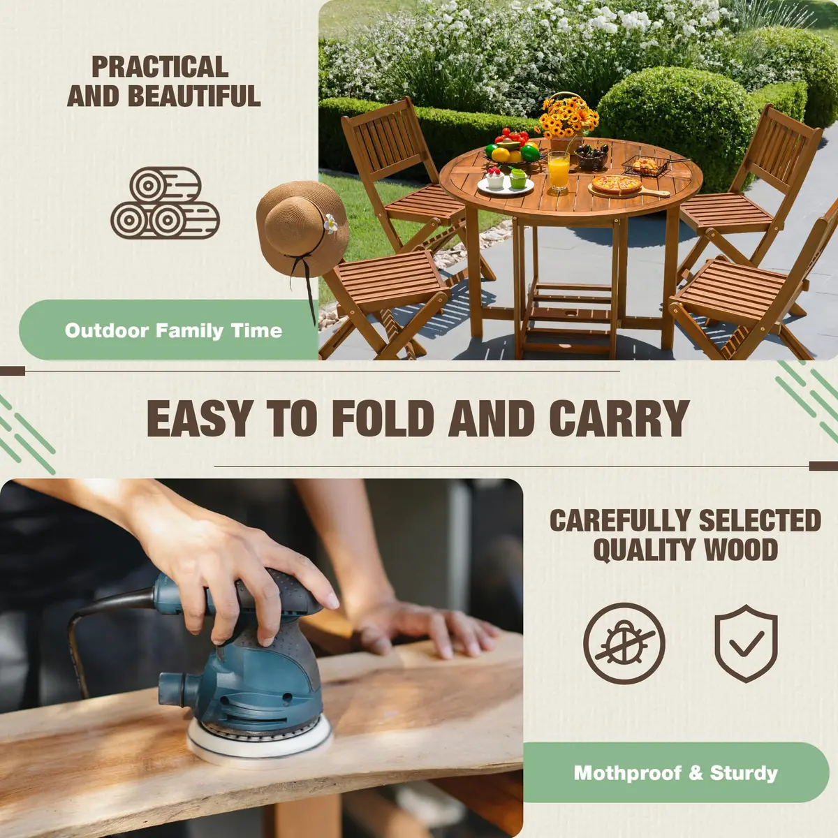 Devoko Acacia Wood Outdoor Patio Folding Table and Chairs Set for 4 | Classic Garden Dining - view 4