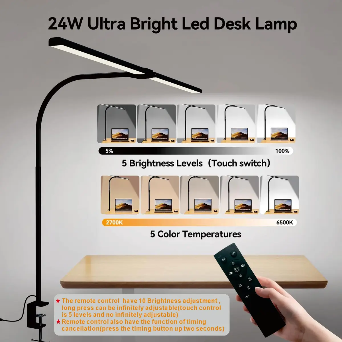 SLDRZN LED Desk Lamp for Home Office | Eye Caring 24W, 2000LM, Touch & Remote Control, Timer, Memory, Clamp, Black - view 2