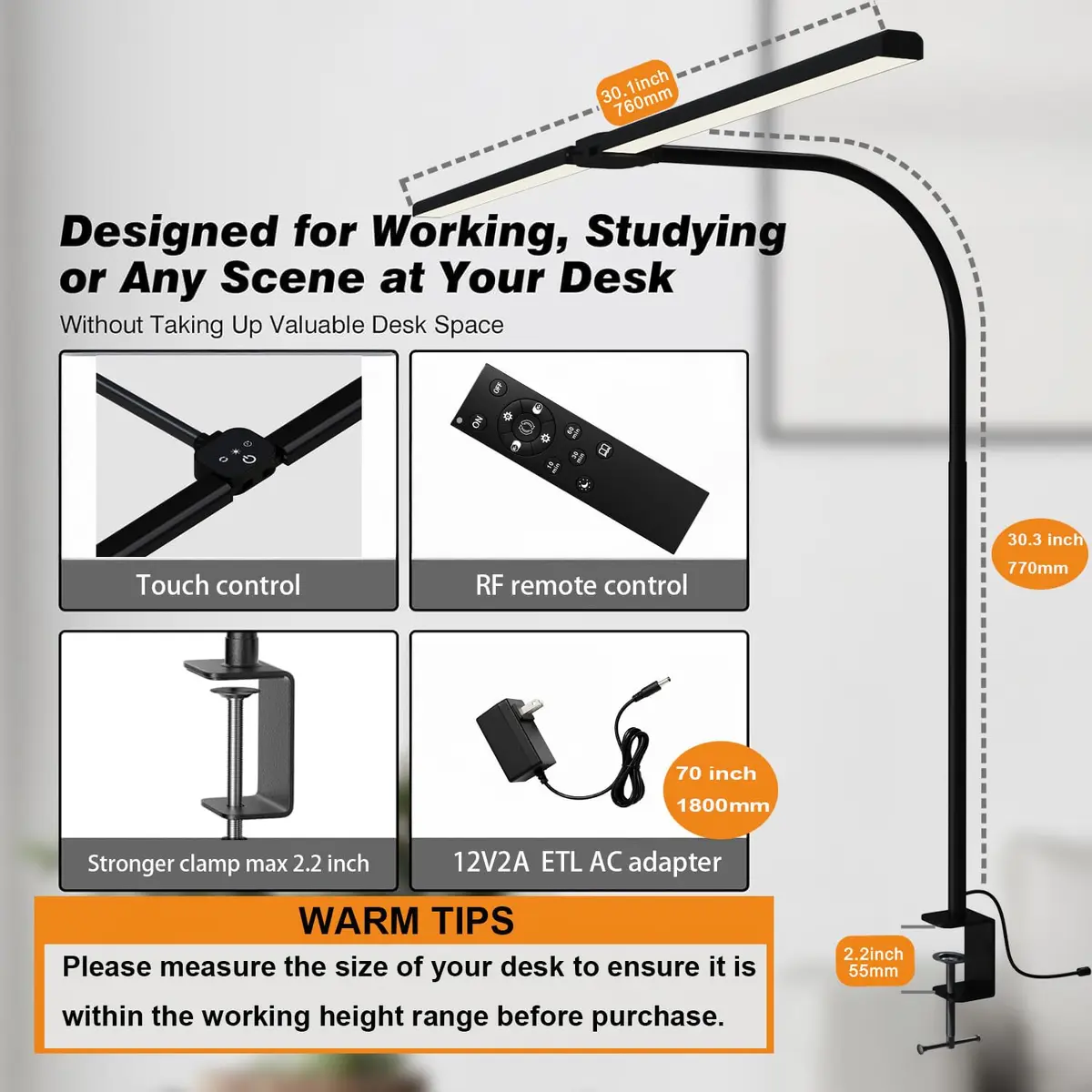 SLDRZN LED Desk Lamp for Home Office | Eye Caring 24W, 2000LM, Touch & Remote Control, Timer, Memory, Clamp, Black - view 3