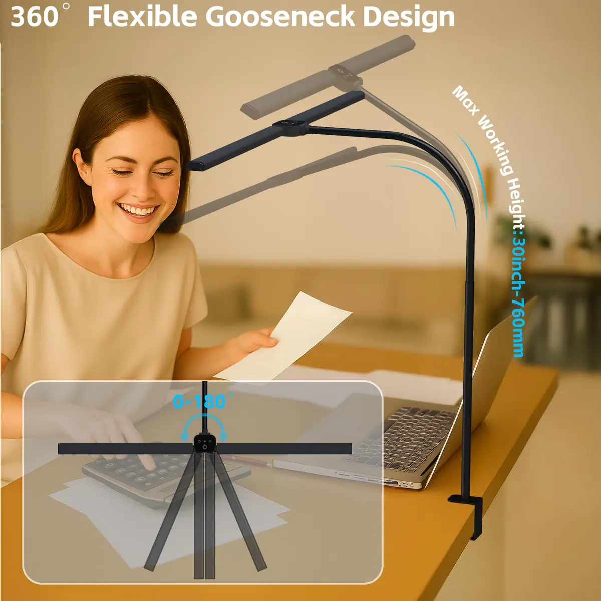 SLDRZN LED Desk Lamp for Home Office | Eye Caring 24W, 2000LM, Touch & Remote Control, Timer, Memory, Clamp, Black - view 4