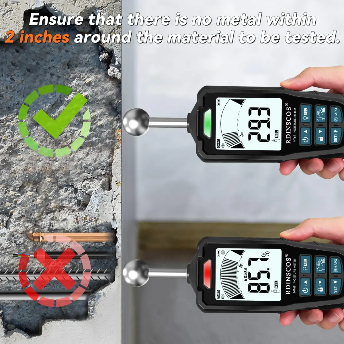 RDINSCOS 2-in-1 Pin & Pinless Moisture Meter | Detects Hidden Dampness in Walls, Wood, Concrete - view 6