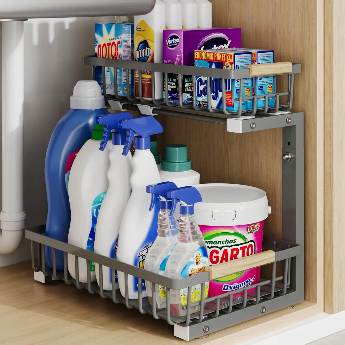 Hahaemall Under Sink Organizer Storage 15.3 x 11.6 x 17 in | Metal 2-Tier Pull Out Rack for Kitchen & Bathroom - main product image