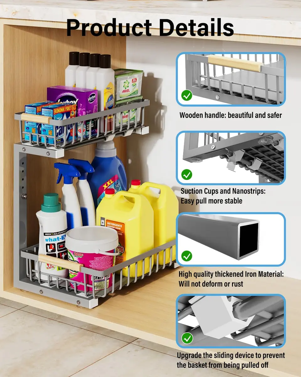 Hahaemall Under Sink Organizer Storage 15.3 x 11.6 x 17 in | Metal 2-Tier Pull Out Rack for Kitchen & Bathroom - view 5