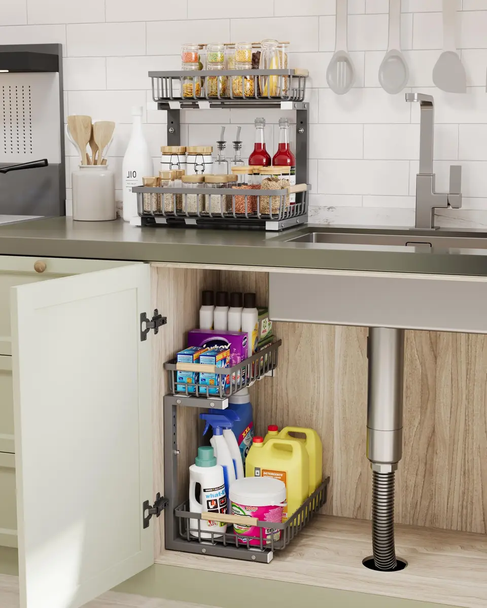 Hahaemall Under Sink Organizer Storage 15.3 x 11.6 x 17 in | Metal 2-Tier Pull Out Rack for Kitchen & Bathroom - view 3