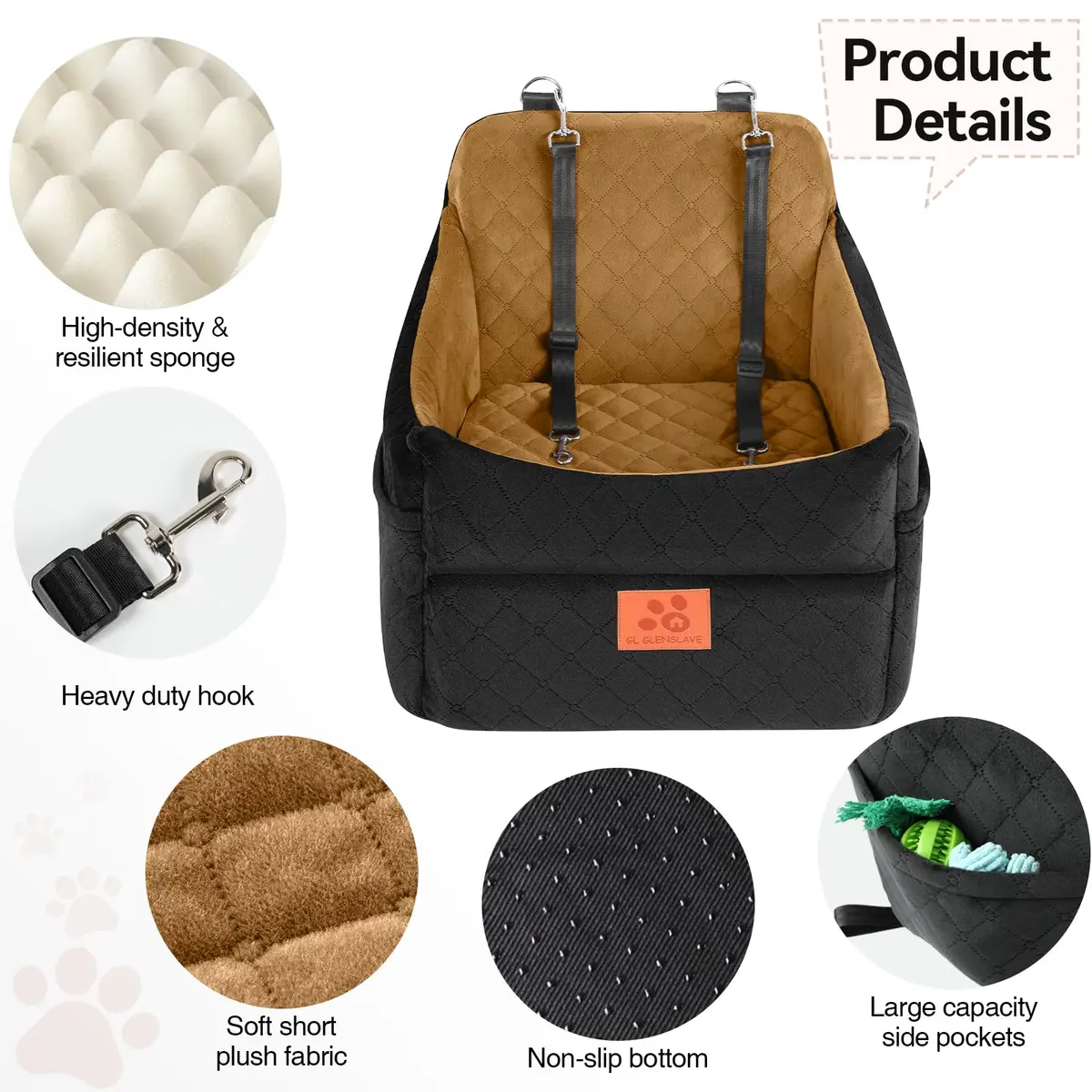 GL GLENSLAVE Dog Car Seat for Small/Medium Dogs | Detachable Washable Pet Booster with Storage - view 4