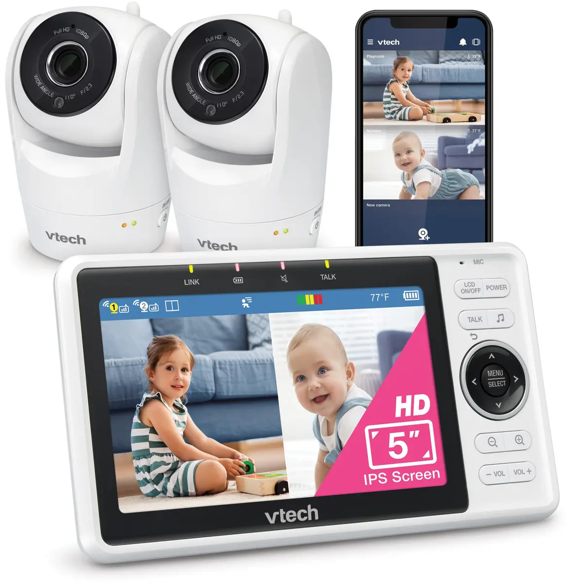 VTech VM901-2 Smart WiFi Baby Monitor with 2 Cameras | 5" HD Split Screen, Pan-Tilt-Zoom, Night Vision - main product image