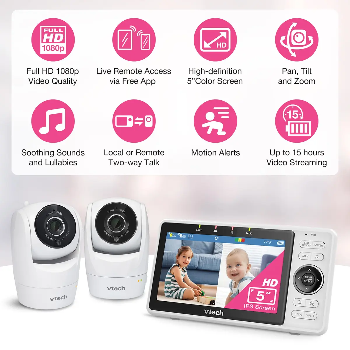 VTech VM901-2 Smart WiFi Baby Monitor with 2 Cameras | 5" HD Split Screen, Pan-Tilt-Zoom, Night Vision - view 2
