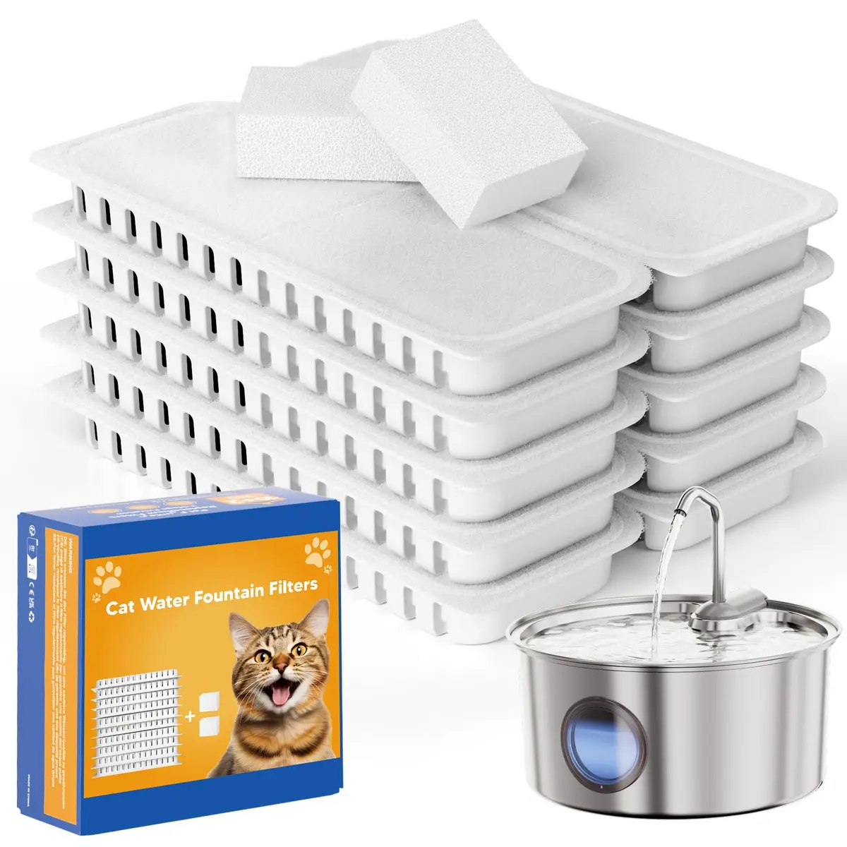puppyspout Cat Water Fountain Filters for 3.2L (108oz) Fountain | 10 Filters + 2 Sponges, 6-Month Supply - main product image