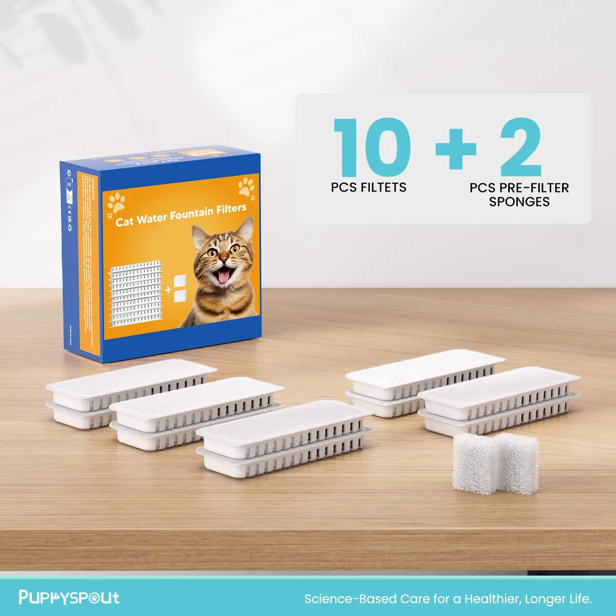puppyspout Cat Water Fountain Filters for 3.2L (108oz) Fountain | 10 Filters + 2 Sponges, 6-Month Supply - view 4