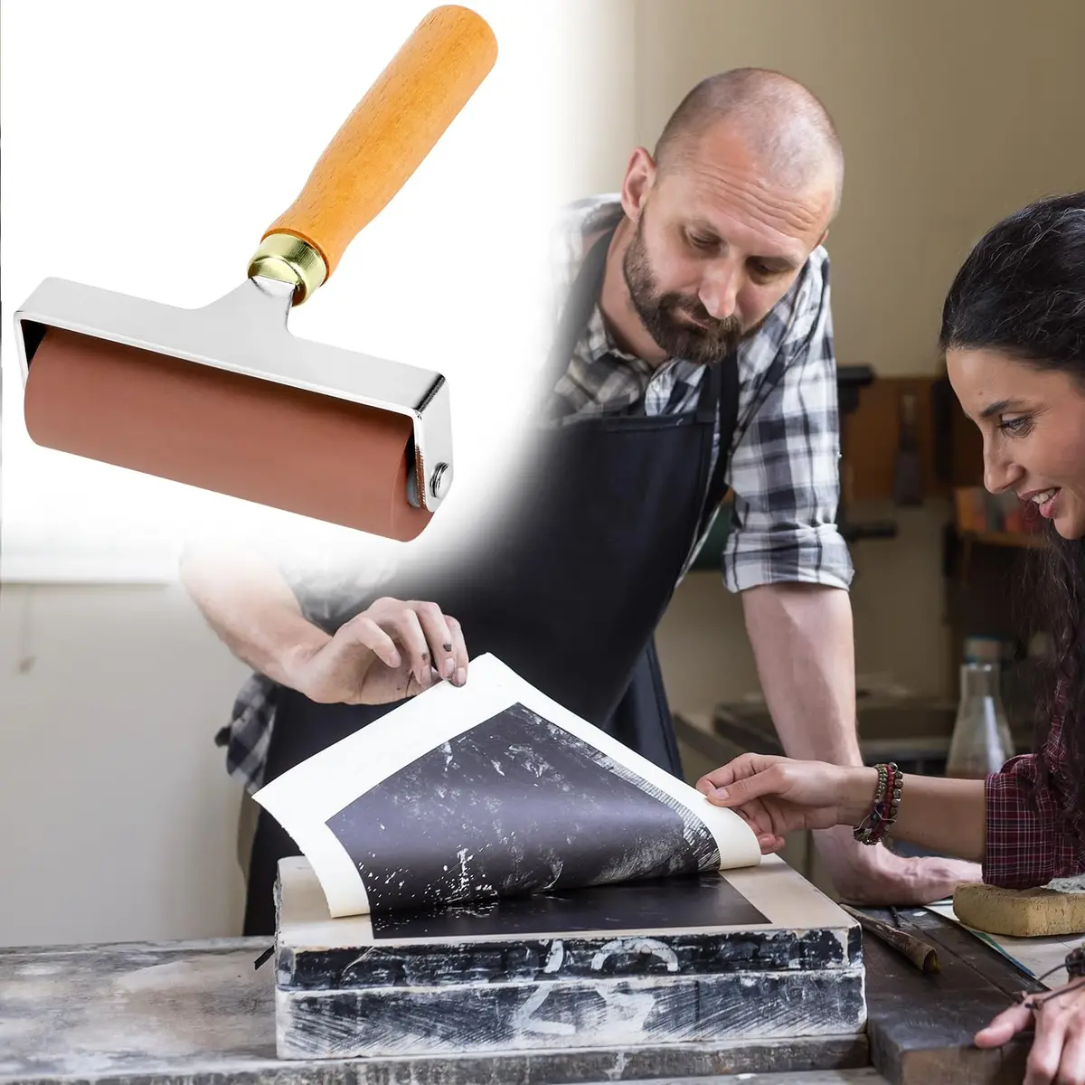 QWORK 4-Inch Soft Rubber Brayer Roller, Brown Solid Ink Roller | Even Pressure Application for Printmaking & Crafts - view 8