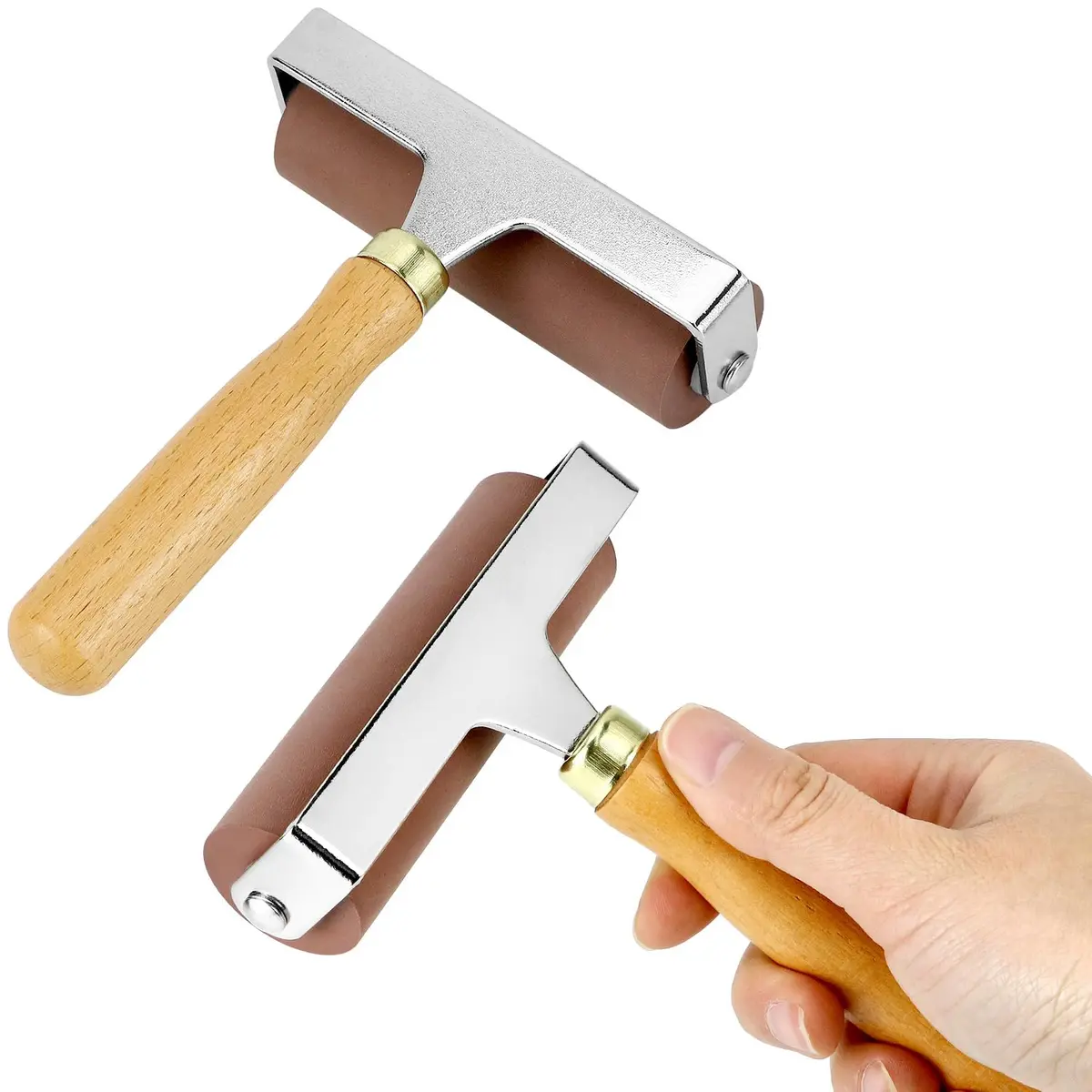 QWORK 4-Inch Soft Rubber Brayer Roller, Brown Solid Ink Roller | Even Pressure Application for Printmaking & Crafts - view 4