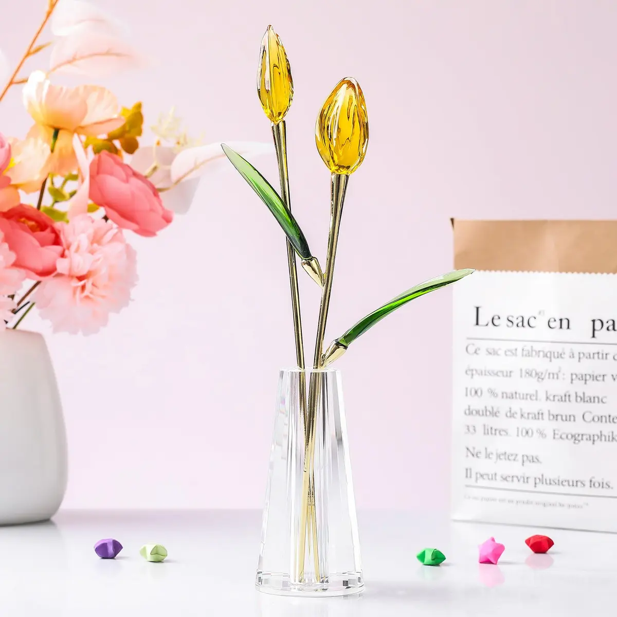 LONGWIN Crystal Tulips Flower Figurine with Vase 10in | Elegant Glass Decor Gift for Women Mom - view 2