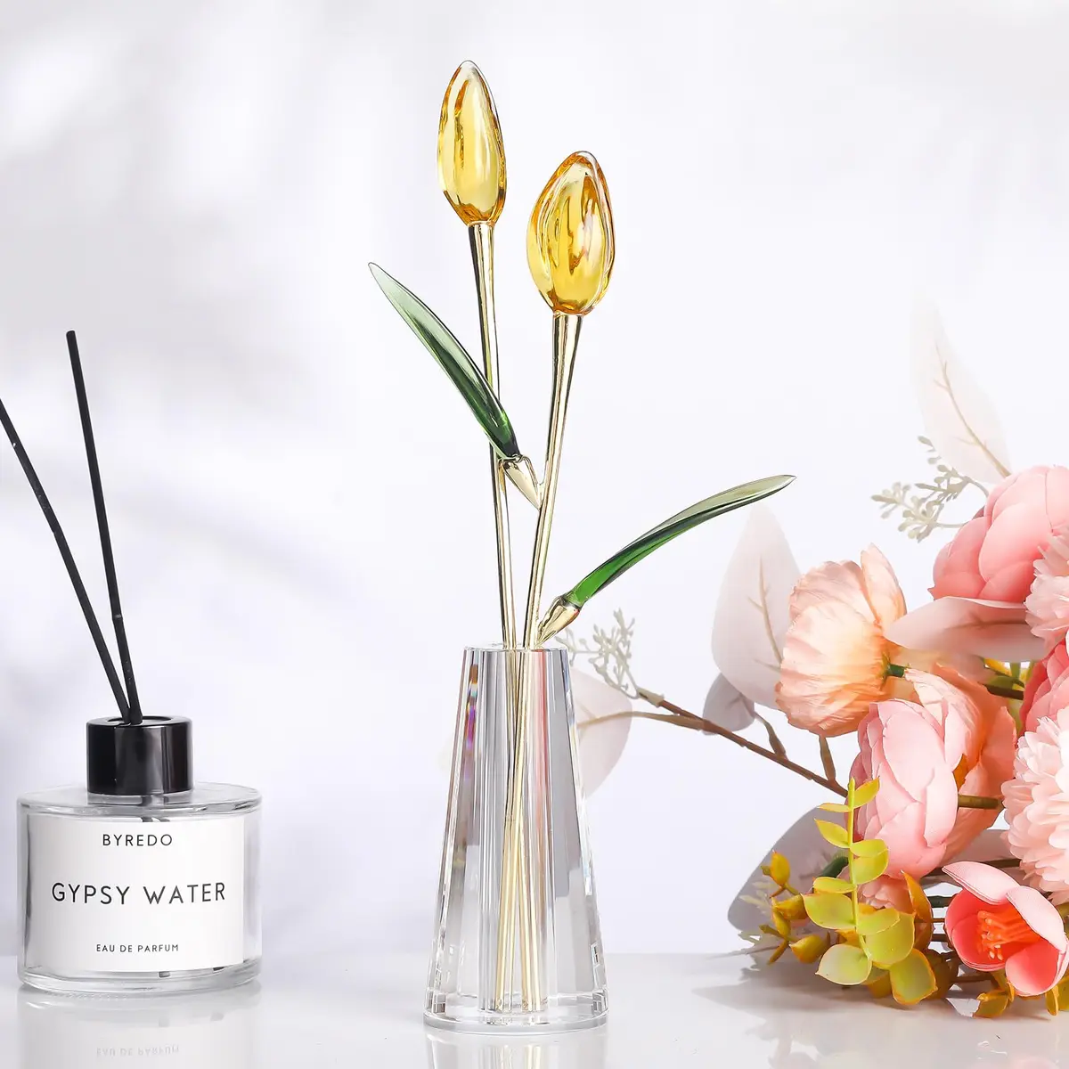 LONGWIN Crystal Tulips Flower Figurine with Vase 10in | Elegant Glass Decor Gift for Women Mom - view 3