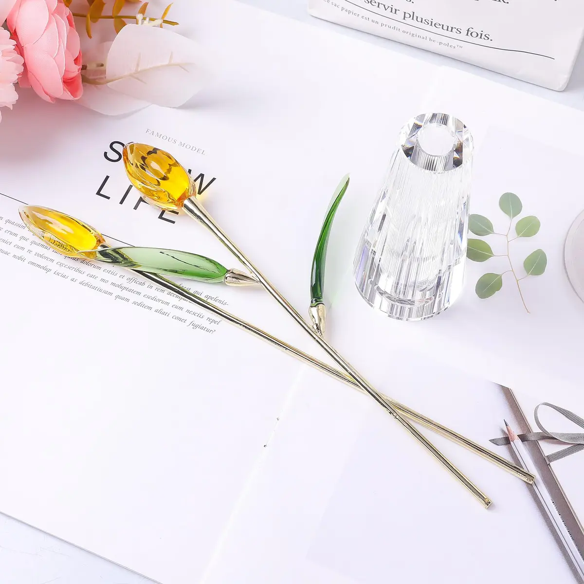 LONGWIN Crystal Tulips Flower Figurine with Vase 10in | Elegant Glass Decor Gift for Women Mom - view 4